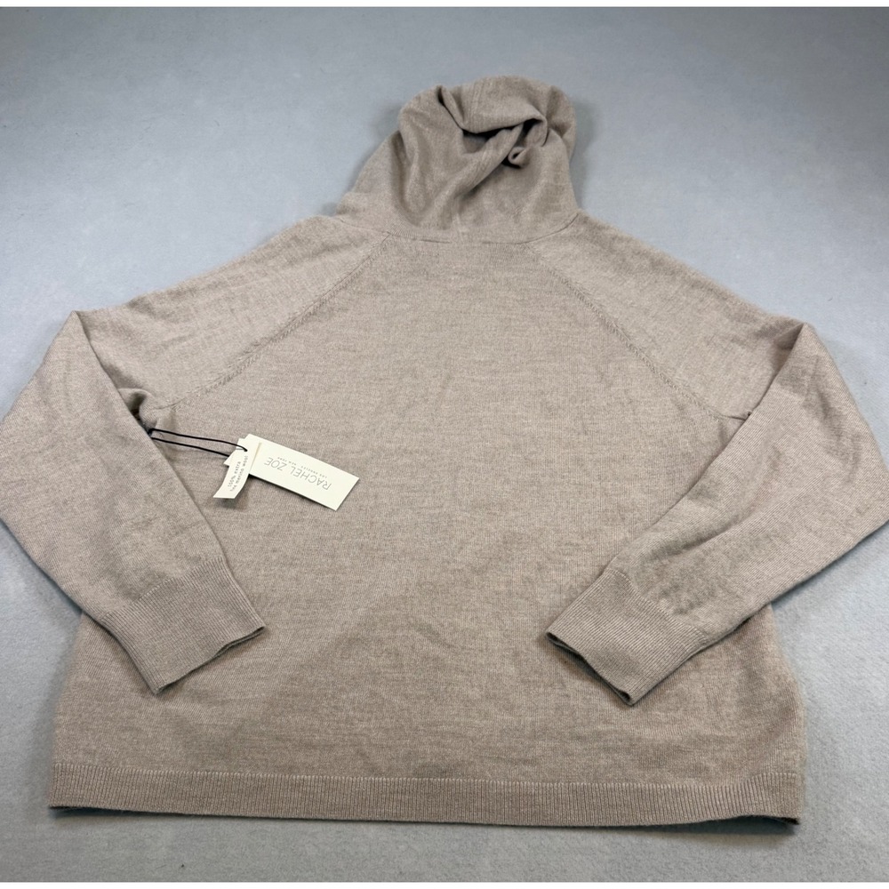 Rachel Zoe Womens Large Taupe 100% Extra Fine Merino Wool Hooded Sweater NWT